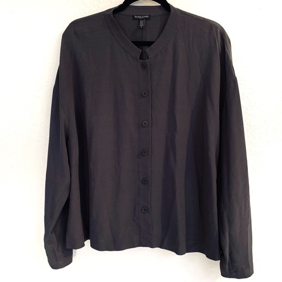 Eileen Fisher Tops - Eileen Fisher Woman Blouse 1X Button Down  Mandarin Collar Bark Gray Shirt